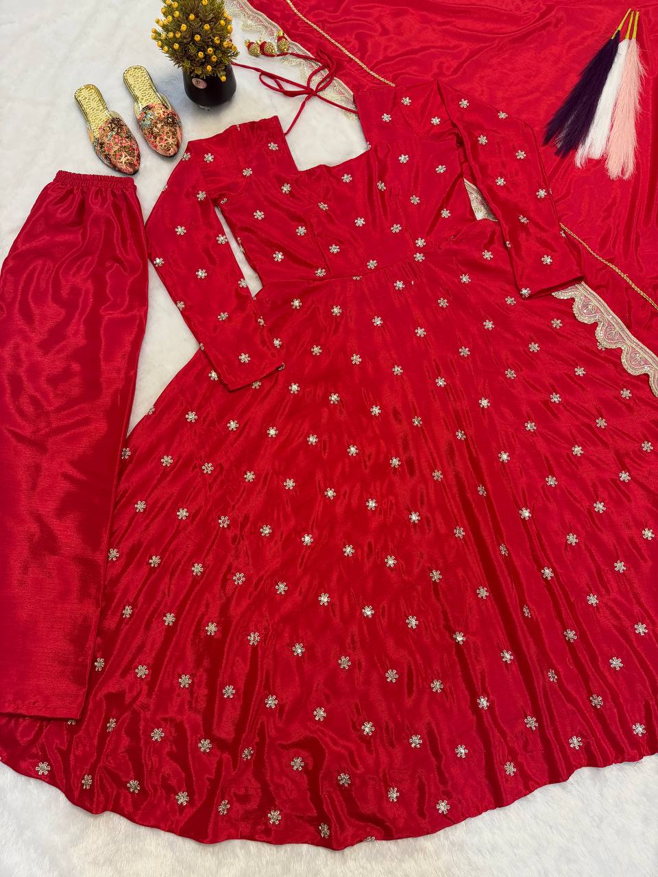 Radiant Crimson Red Flared Anarkali Suit Set Adorned with Delicate Silver Starburst Motifs and an Ornate Scalloped Dupatta